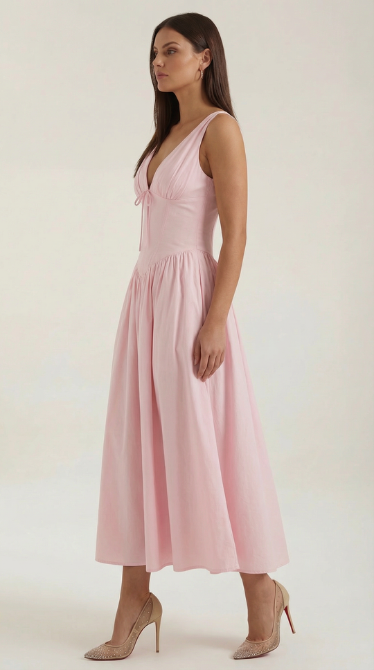 Corset-Style V-Neck Midi Dress with Wide Straps