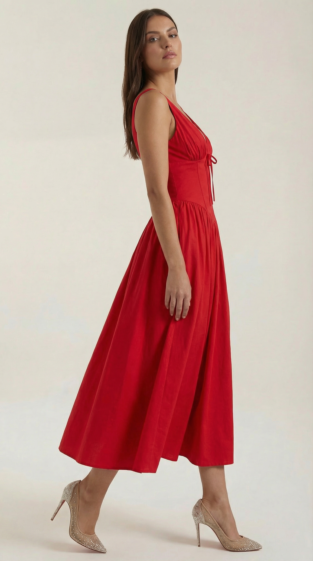 Corset-Style V-Neck Midi Dress with Wide Straps