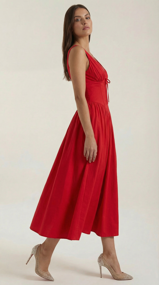 Corset-Style V-Neck Midi Dress with Wide Straps