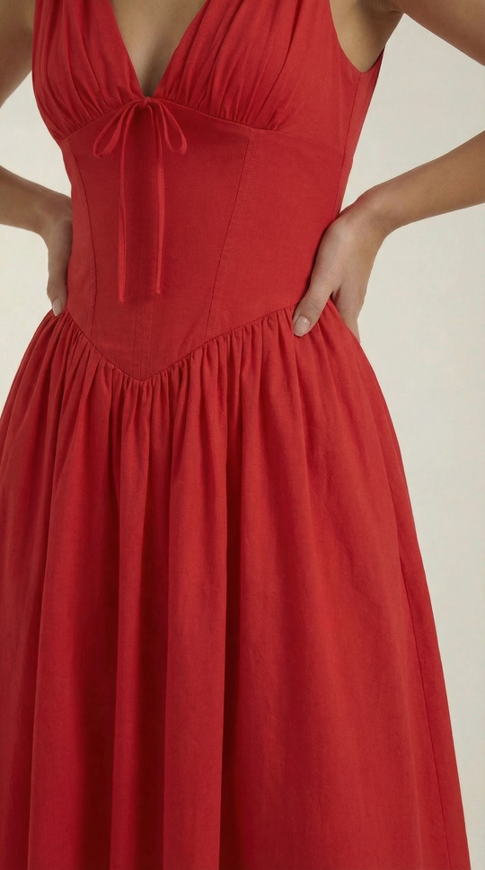 Corset-Style V-Neck Midi Dress with Wide Straps