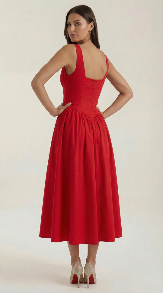 Corset-Style V-Neck Midi Dress with Wide Straps