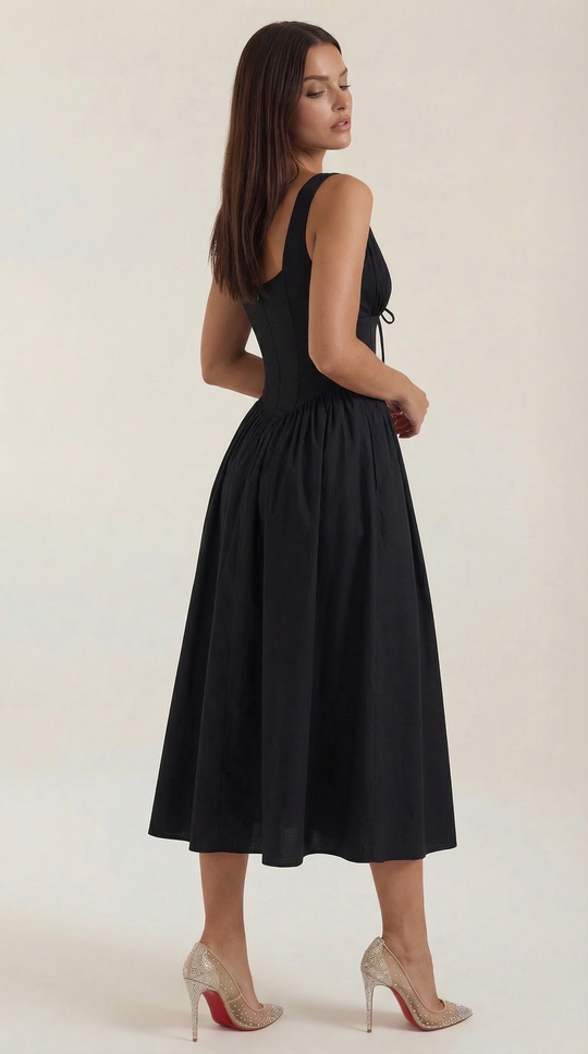 Corset-Style V-Neck Midi Dress with Wide Straps