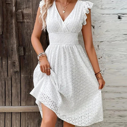 Cotton Eyelet Fit-and-Flare Midi Dress with V-Neck
