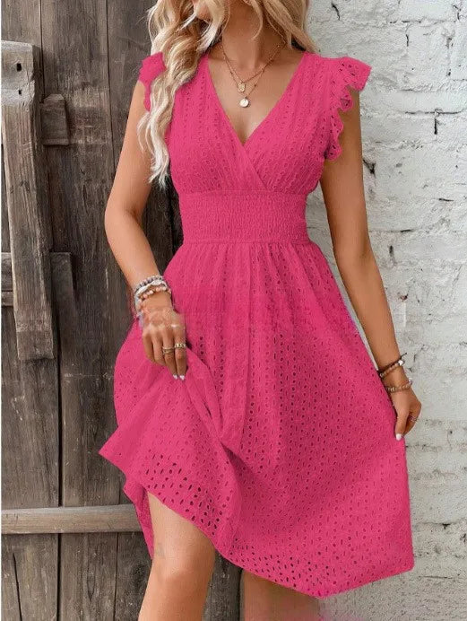 Cotton Eyelet Fit-and-Flare Midi Dress with V-Neck