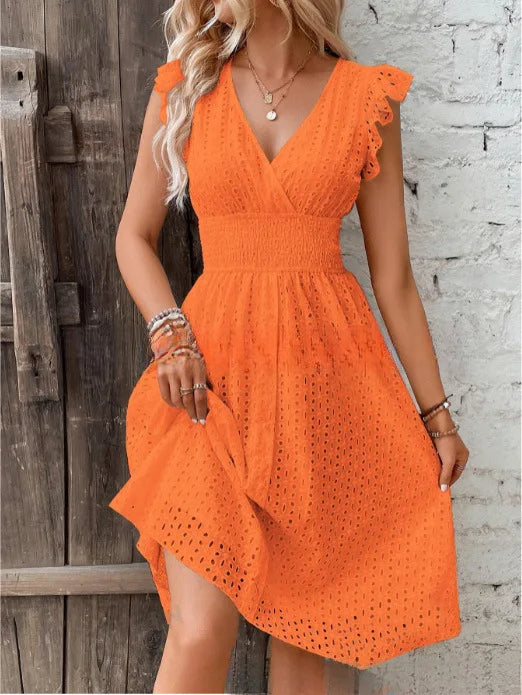 Cotton Eyelet Fit-and-Flare Midi Dress with V-Neck