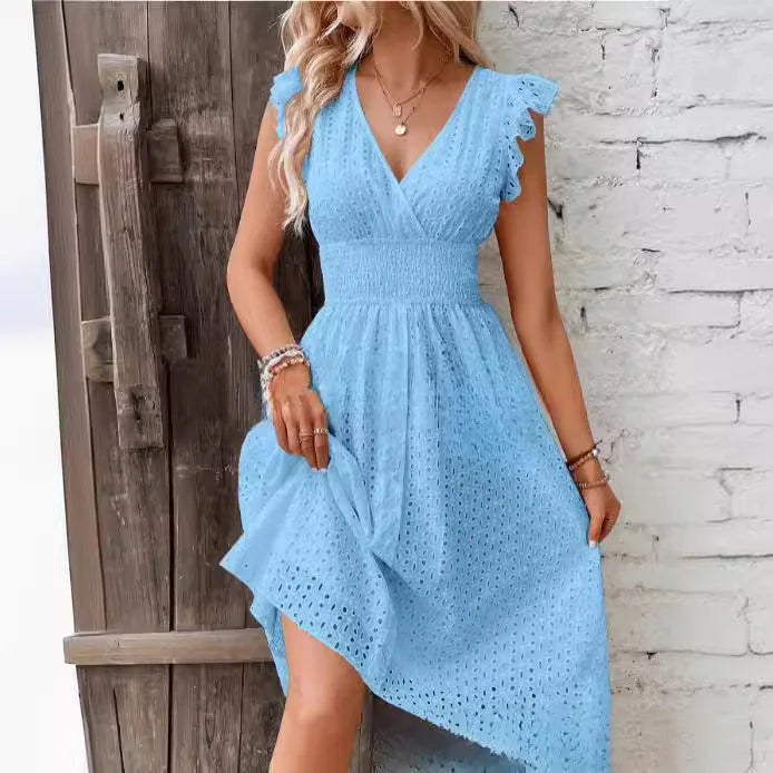 Cotton Eyelet Fit-and-Flare Midi Dress with V-Neck