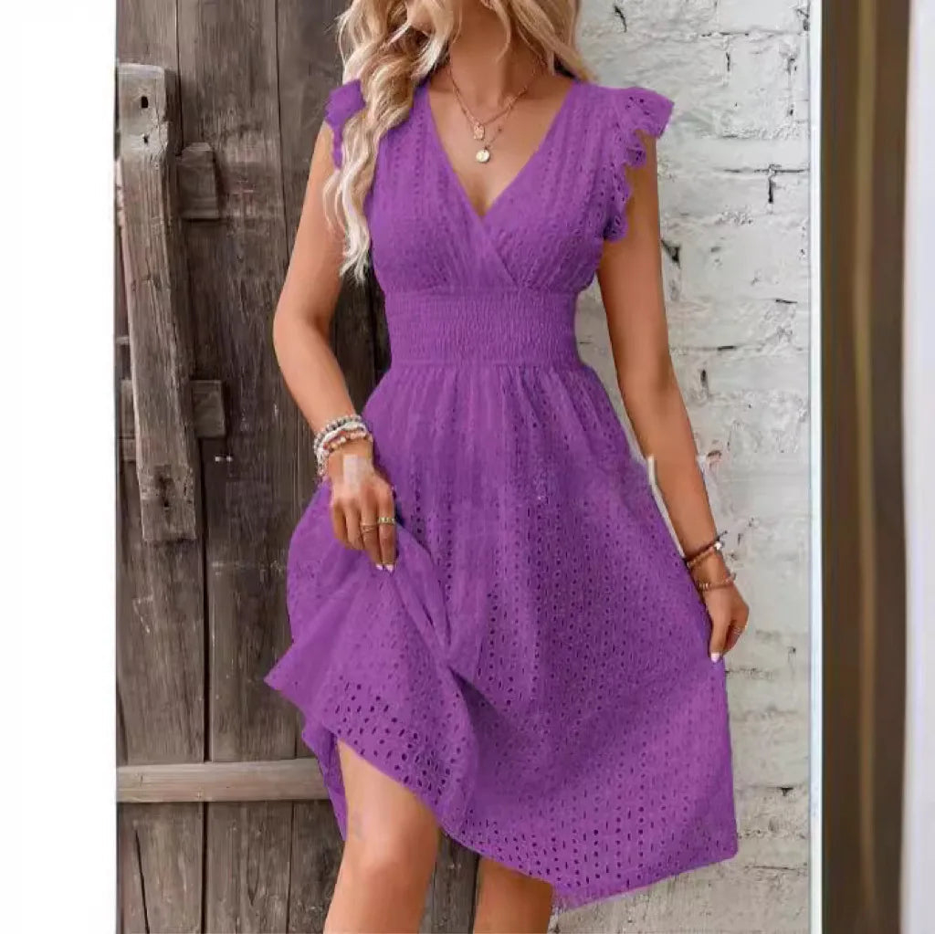 Cotton Eyelet Fit-and-Flare Midi Dress with V-Neck