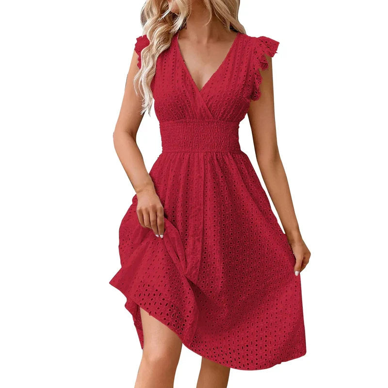 Cotton Eyelet Fit-and-Flare Midi Dress with V-Neck