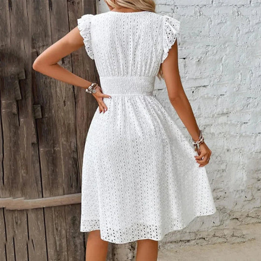 Cotton Eyelet Fit-and-Flare Midi Dress with V-Neck