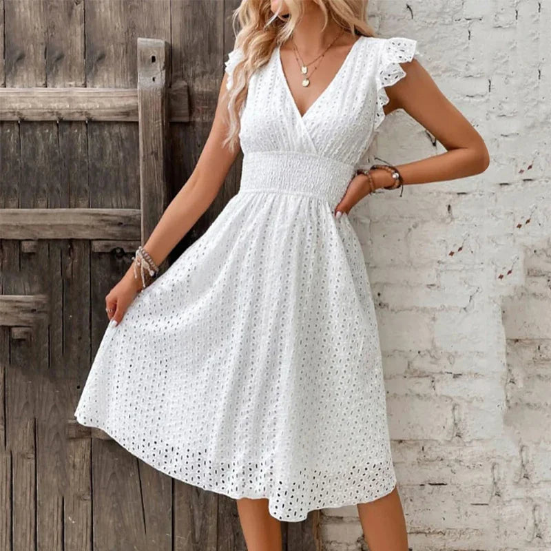 Cotton Eyelet Fit-and-Flare Midi Dress with V-Neck