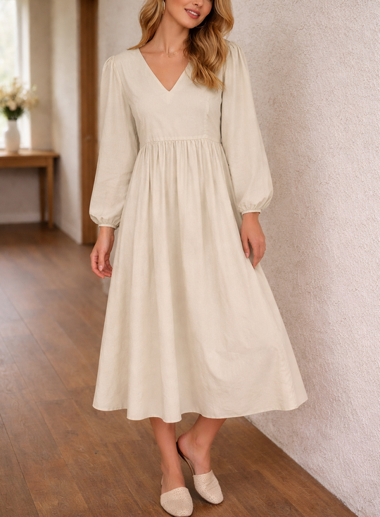 Cotton Pleated Midi Dress with V-Neck and Long Sleeves