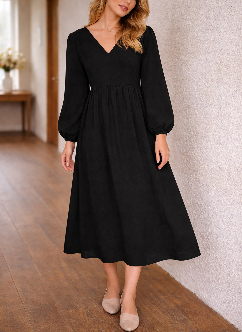 Cotton Pleated Midi Dress with V-Neck and Long Sleeves