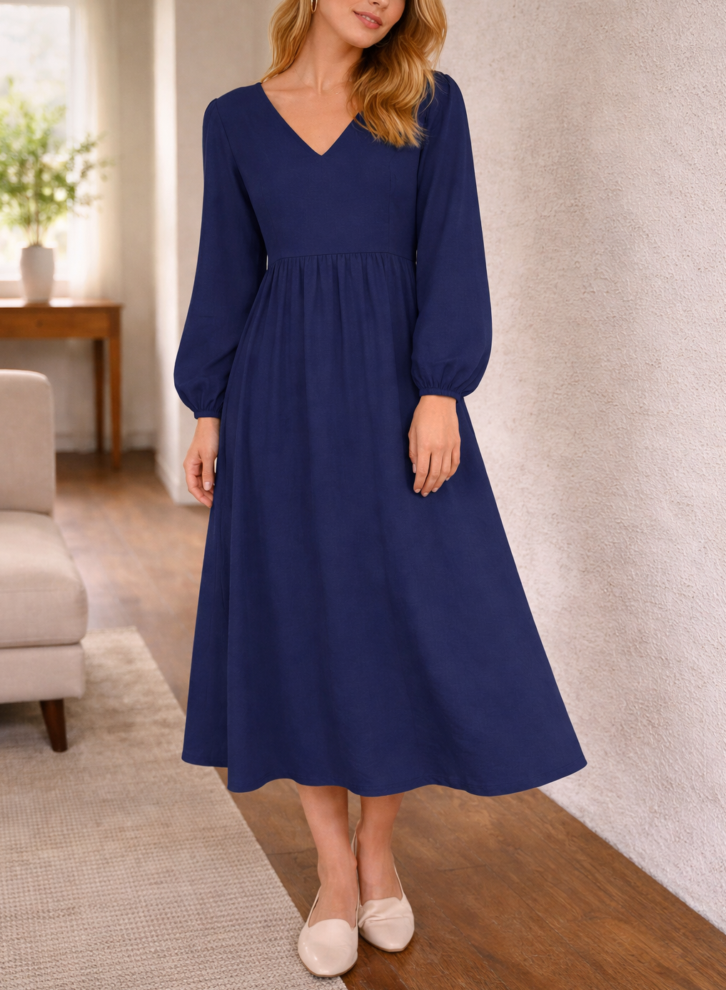 Cotton Pleated Midi Dress with V-Neck and Long Sleeves