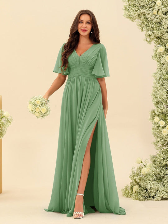 Dark Sage Chiffon A-Line Maxi Dress – Ruffles, Slit and Pockets