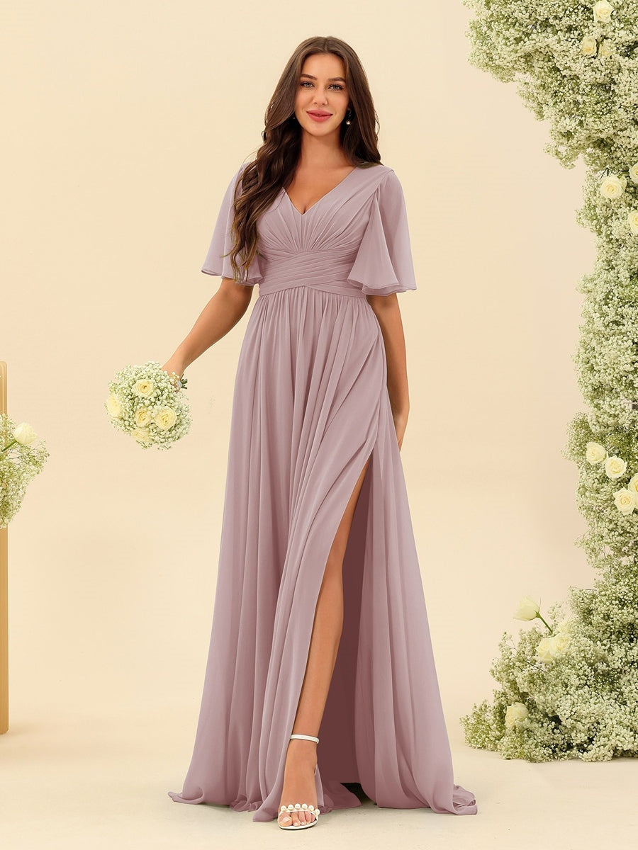 Dark Sage Chiffon A-Line Maxi Dress – Ruffles, Slit and Pockets