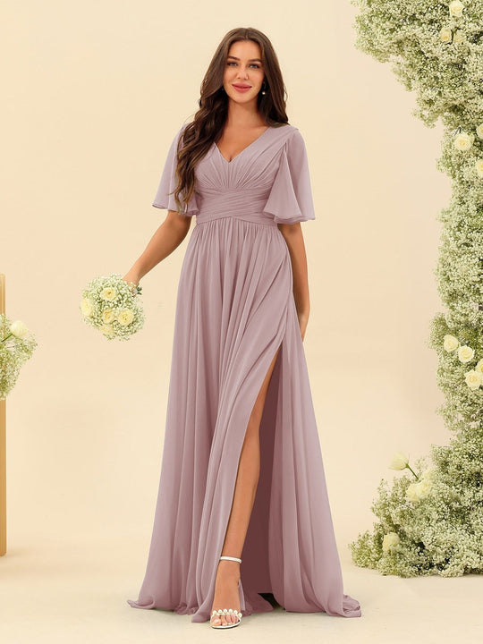 Dark Sage Chiffon A-Line Maxi Dress – Ruffles, Slit and Pockets
