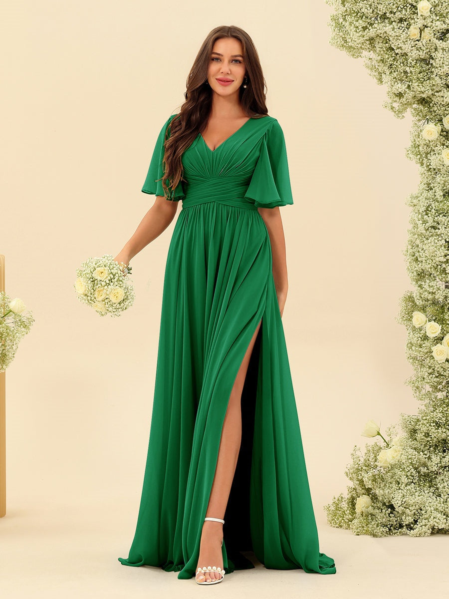 Dark Sage Chiffon A-Line Maxi Dress – Ruffles, Slit and Pockets