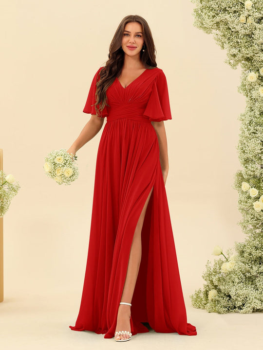 Dark Sage Chiffon A-Line Maxi Dress – Ruffles, Slit and Pockets