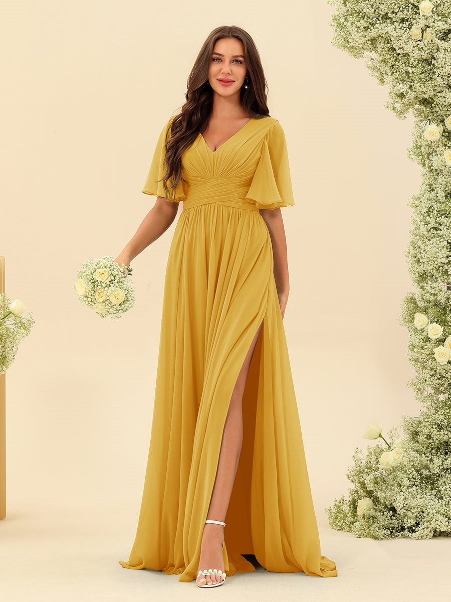 Dark Sage Chiffon A-Line Maxi Dress – Ruffles, Slit and Pockets