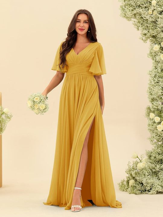 Dark Sage Chiffon A-Line Maxi Dress – Ruffles, Slit and Pockets