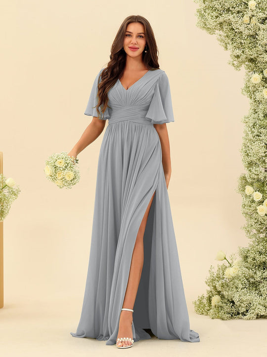 Dark Sage Chiffon A-Line Maxi Dress – Ruffles, Slit and Pockets