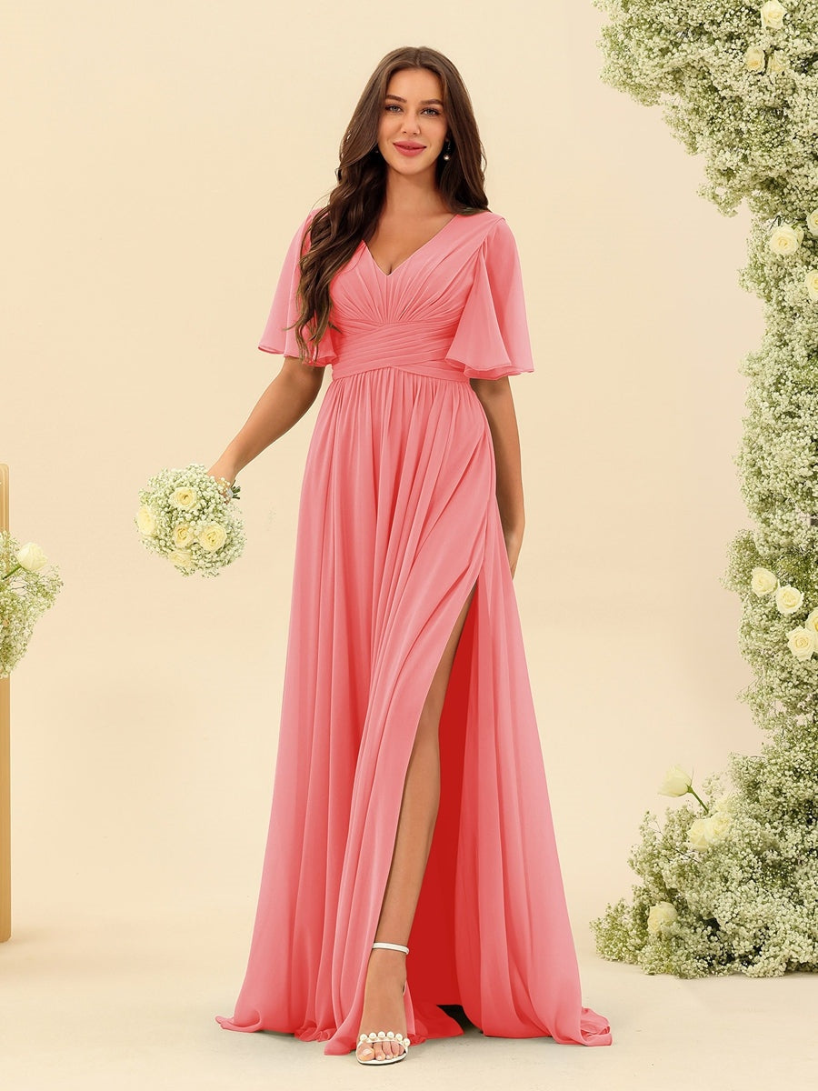 Dark Sage Chiffon A-Line Maxi Dress – Ruffles, Slit and Pockets