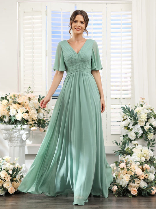 Dark Sage Chiffon A-Line Maxi Dress – Ruffles, Slit and Pockets