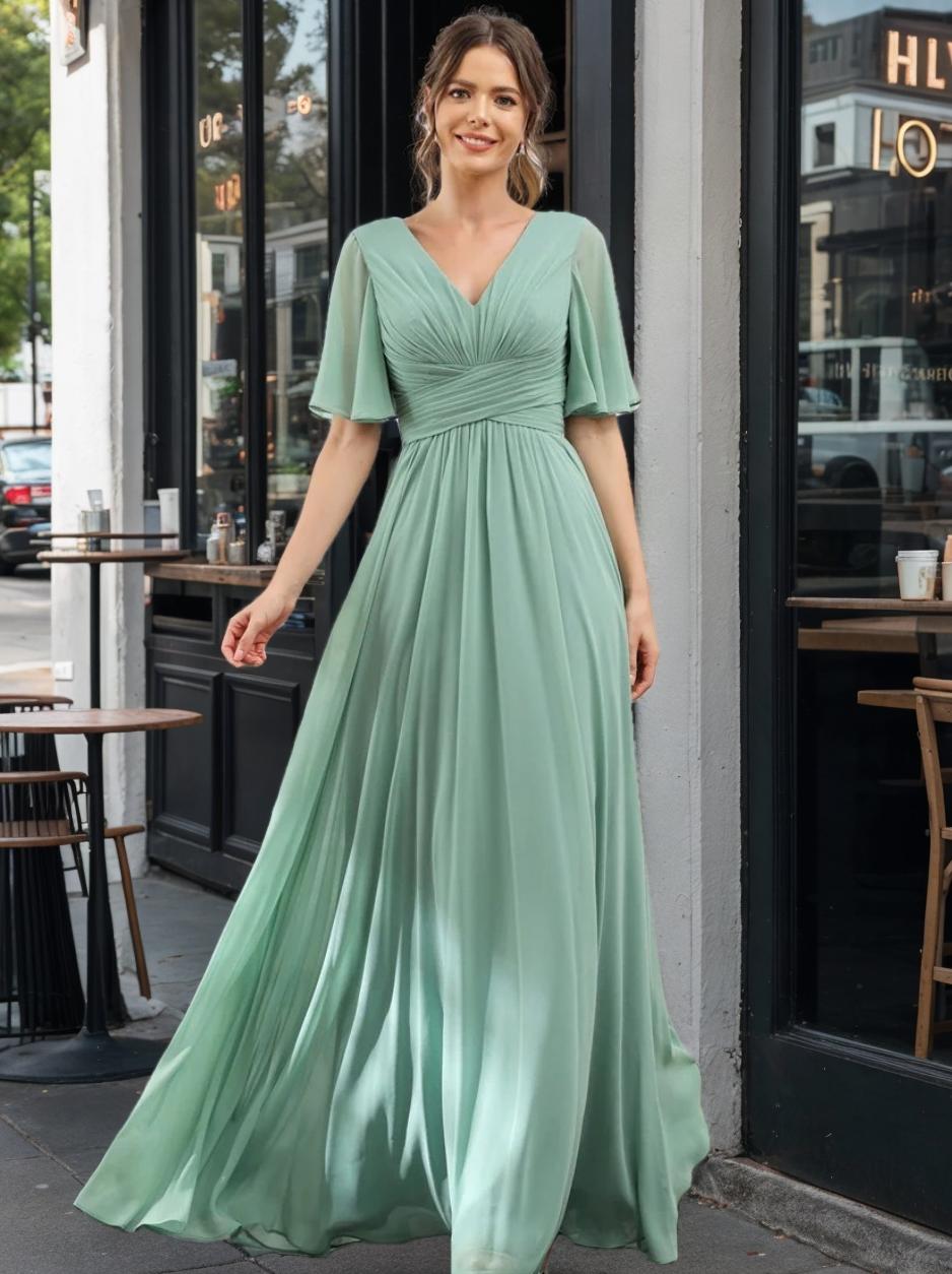 Dark Sage Chiffon A-Line Maxi Dress – Ruffles, Slit and Pockets