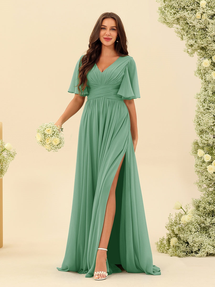 Dark Sage Chiffon A-Line Maxi Dress – Ruffles, Slit and Pockets
