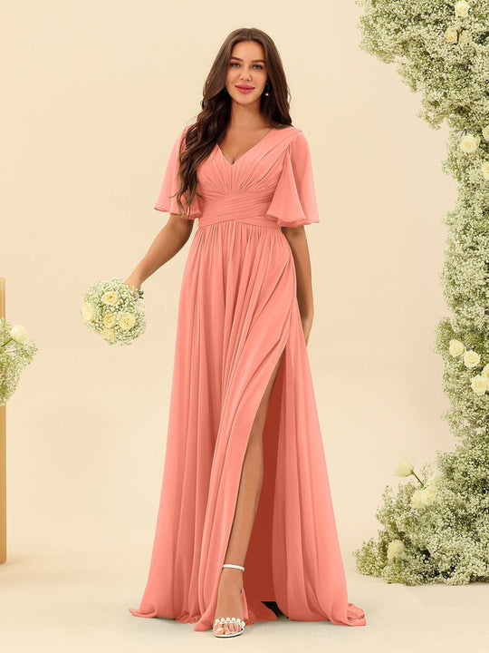 Dark Sage Chiffon A-Line Maxi Dress – Ruffles, Slit and Pockets