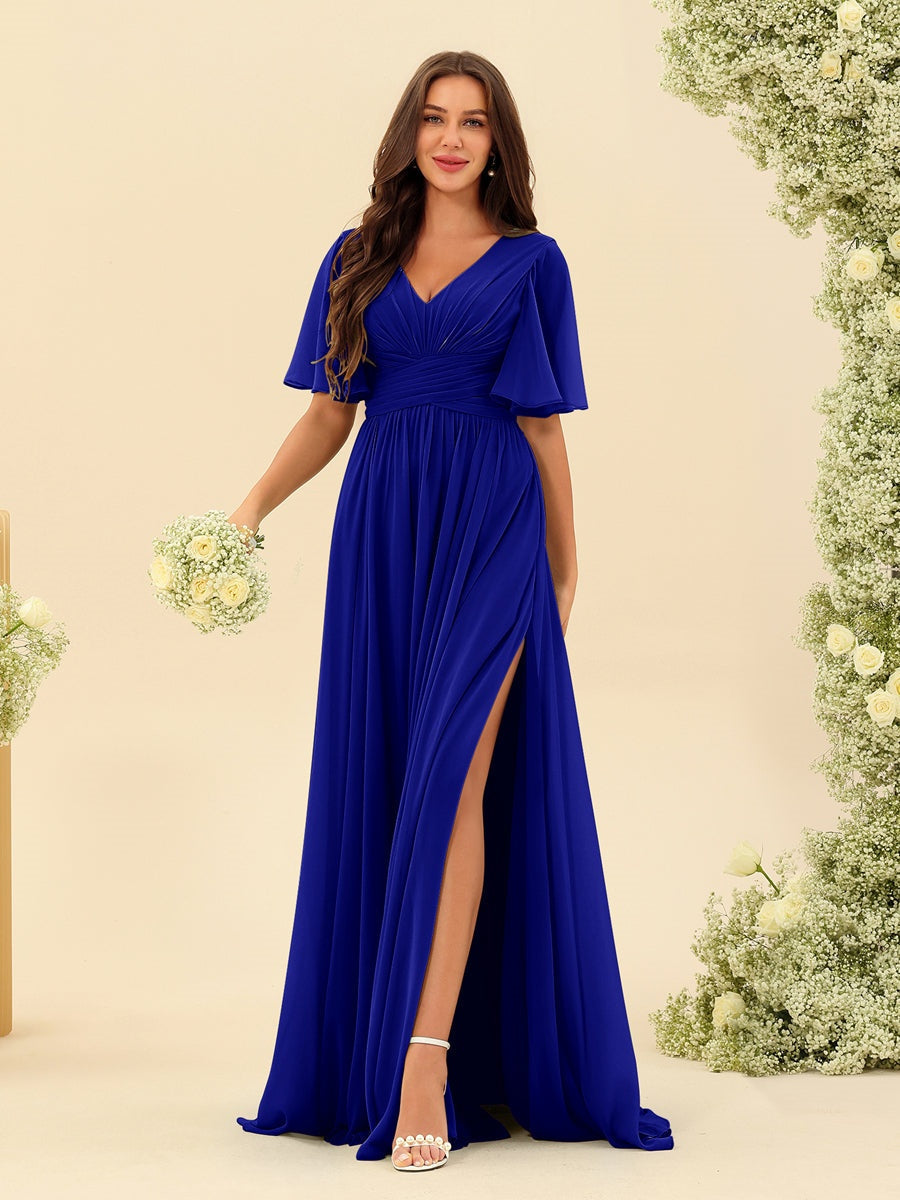 Dark Sage Chiffon A-Line Maxi Dress – Ruffles, Slit and Pockets