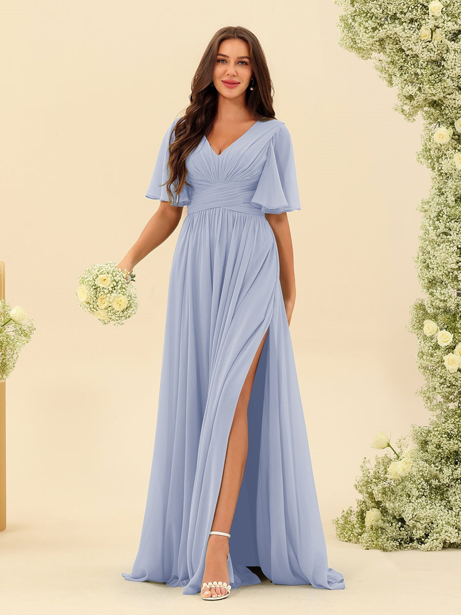 Dark Sage Chiffon A-Line Maxi Dress – Ruffles, Slit and Pockets