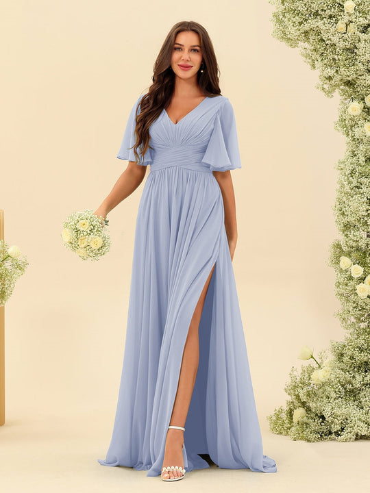 Dark Sage Chiffon A-Line Maxi Dress – Ruffles, Slit and Pockets