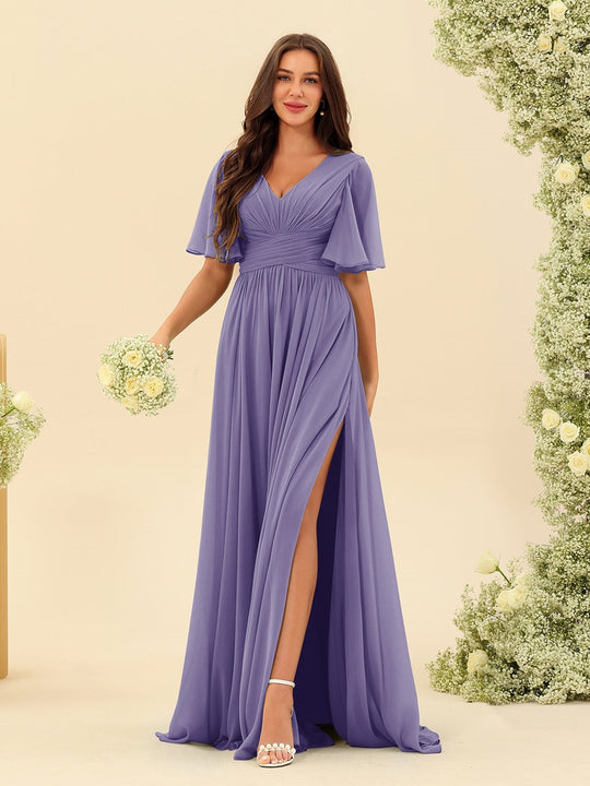 Dark Sage Chiffon A-Line Maxi Dress – Ruffles, Slit and Pockets