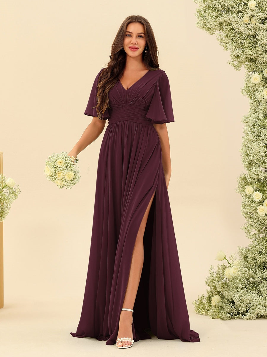 Dark Sage Chiffon A-Line Maxi Dress – Ruffles, Slit and Pockets
