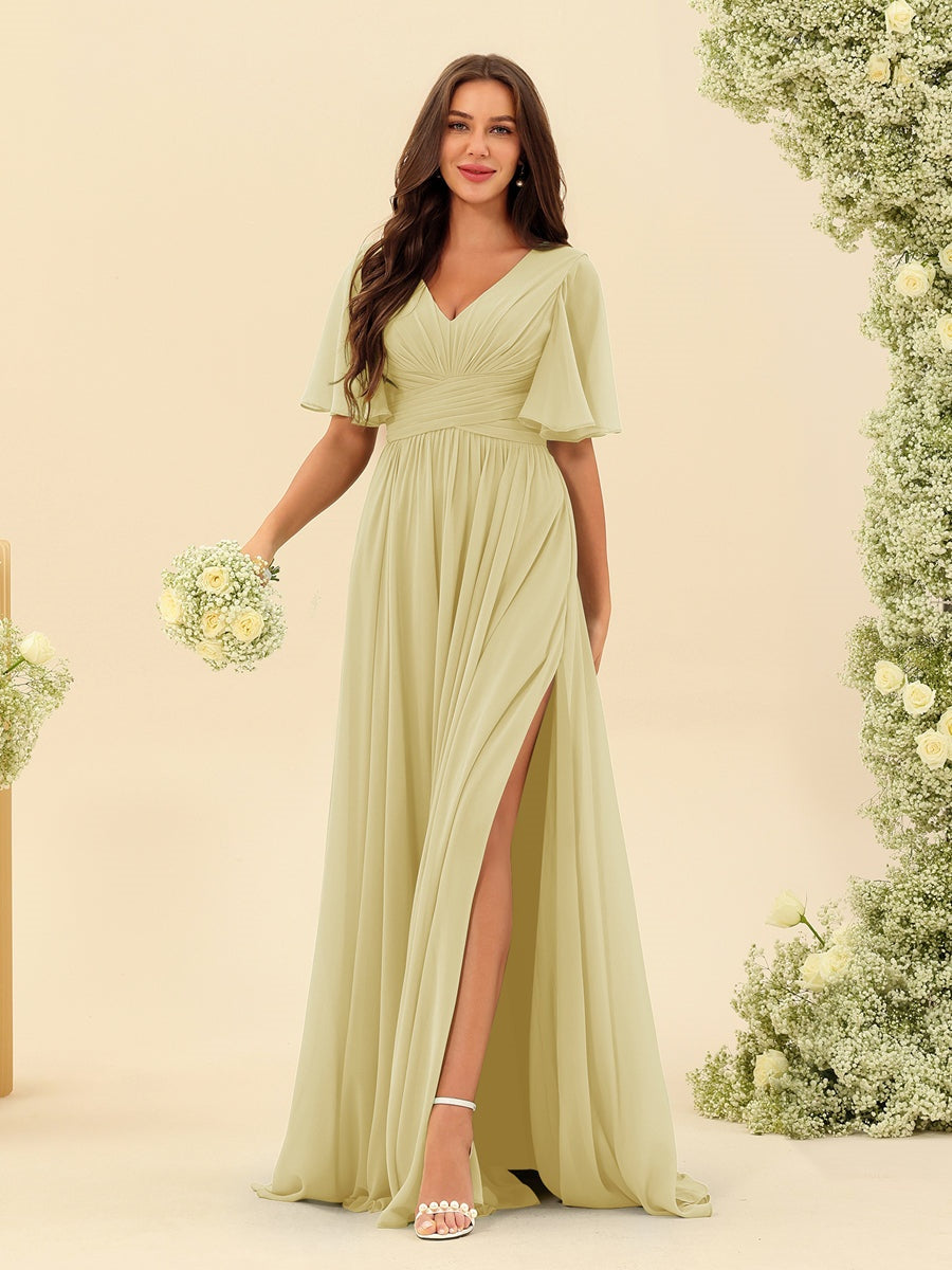 Dark Sage Chiffon A-Line Maxi Dress – Ruffles, Slit and Pockets