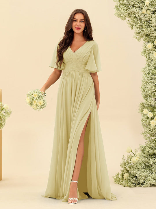 Dark Sage Chiffon A-Line Maxi Dress – Ruffles, Slit and Pockets