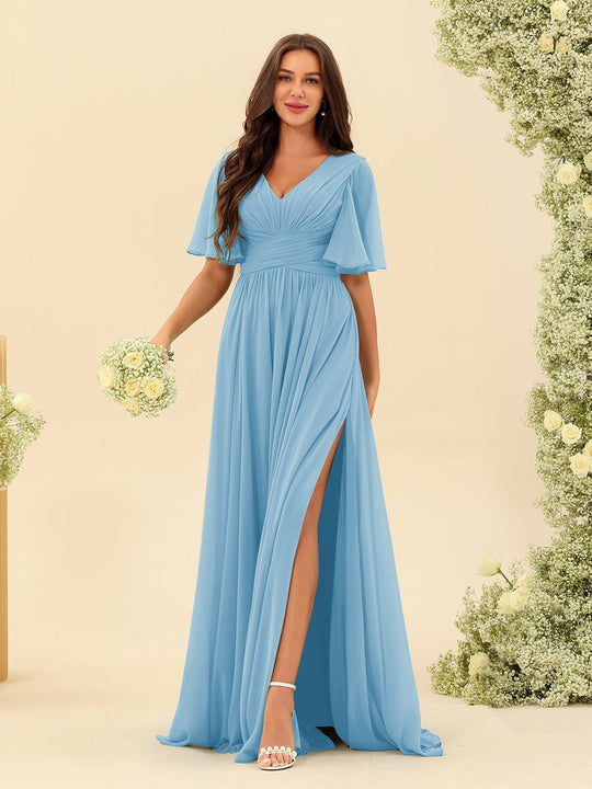 Dark Sage Chiffon A-Line Maxi Dress – Ruffles, Slit and Pockets