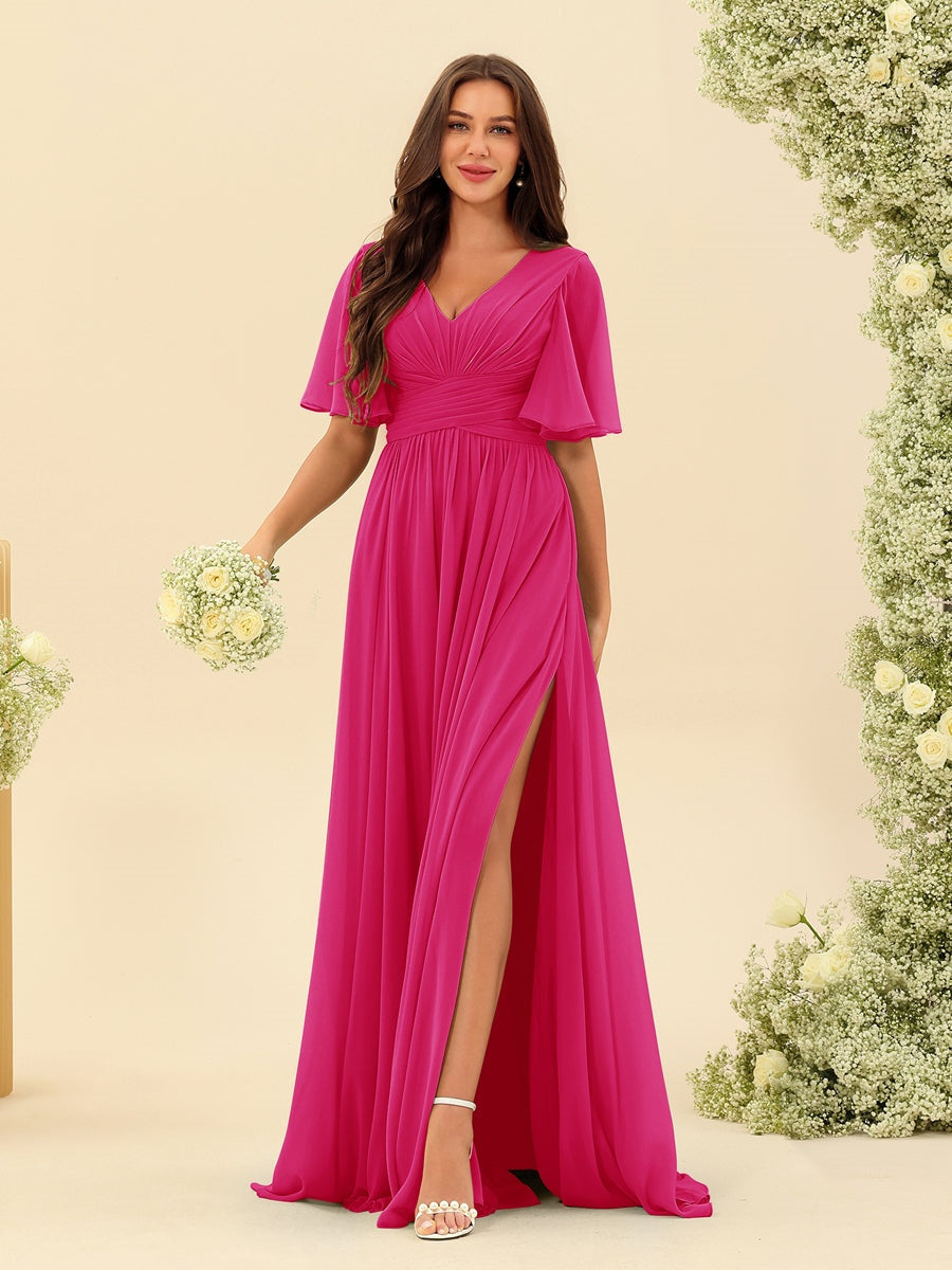 Dark Sage Chiffon A-Line Maxi Dress – Ruffles, Slit and Pockets