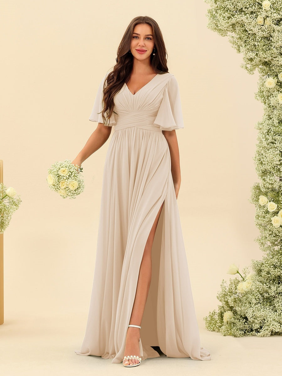 Dark Sage Chiffon A-Line Maxi Dress – Ruffles, Slit and Pockets
