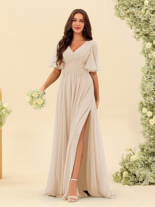 Dark Sage Chiffon A-Line Maxi Dress – Ruffles, Slit and Pockets