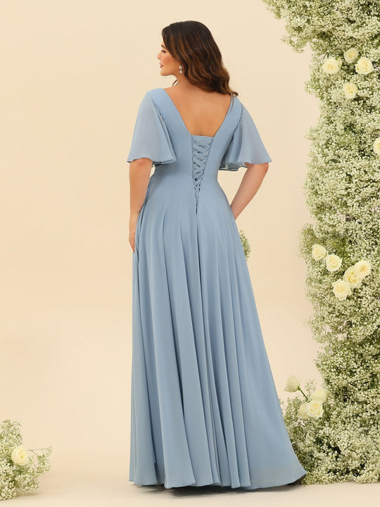 Dark Sage Chiffon A-Line Maxi Dress – Ruffles, Slit and Pockets