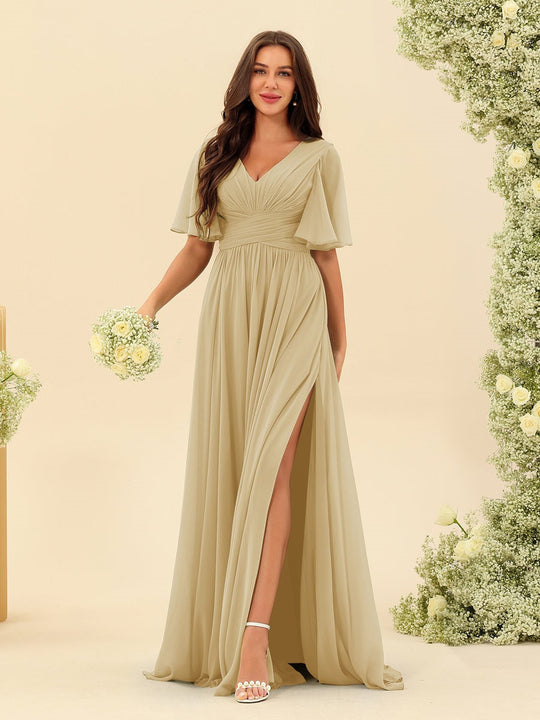 Dark Sage Chiffon A-Line Maxi Dress – Ruffles, Slit and Pockets