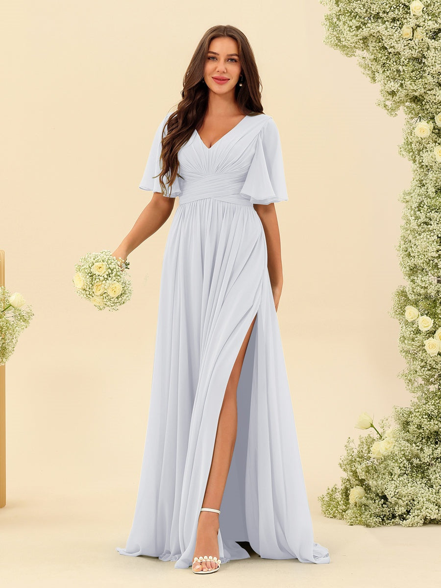 Dark Sage Chiffon A-Line Maxi Dress – Ruffles, Slit and Pockets