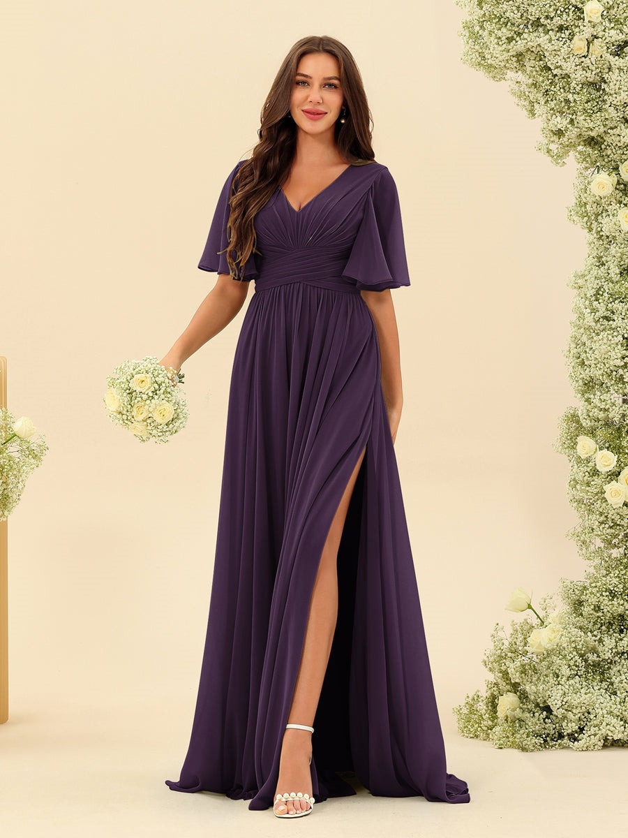 Dark Sage Chiffon A-Line Maxi Dress – Ruffles, Slit and Pockets