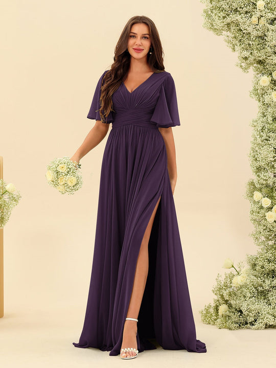 Dark Sage Chiffon A-Line Maxi Dress – Ruffles, Slit and Pockets