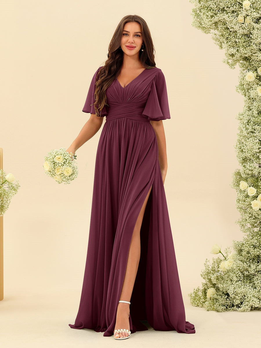 Dark Sage Chiffon A-Line Maxi Dress – Ruffles, Slit and Pockets