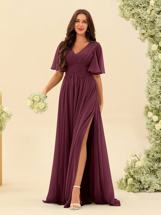 Dark Sage Chiffon A-Line Maxi Dress – Ruffles, Slit and Pockets