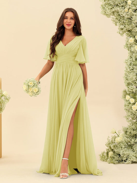 Dark Sage Chiffon A-Line Maxi Dress – Ruffles, Slit and Pockets