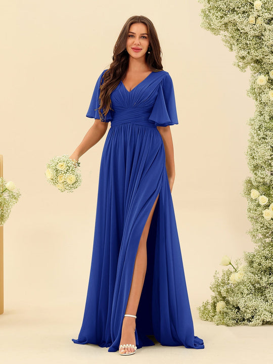 Dark Sage Chiffon A-Line Maxi Dress – Ruffles, Slit and Pockets